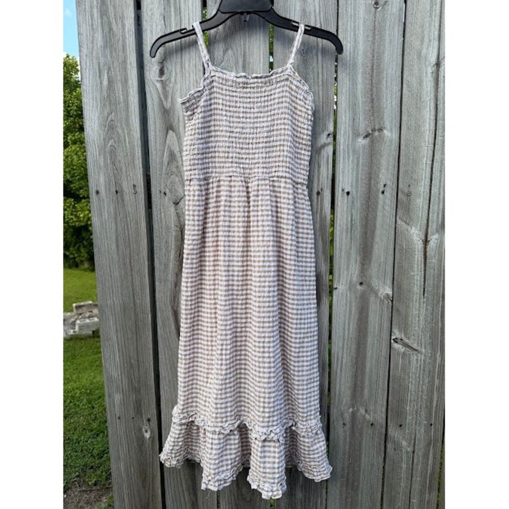 Cottagecore Sim & Sam Midi Dress Womens L Tan Gingham Smocked Ruffle Sundress